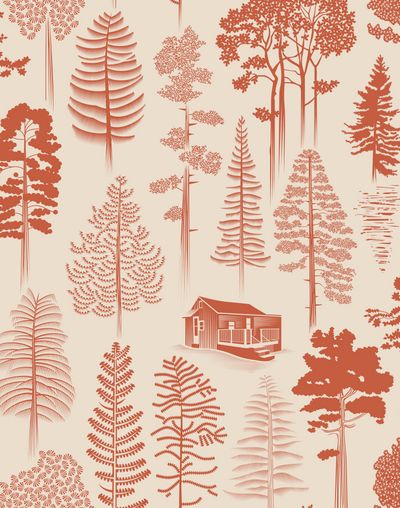 Cabin Wallpaper, Wooden Cabin, Nordic Print, Mini Moderns, Catskill Mountains, Forest Print, Wooden Cabins, Orange Wallpaper, Wallpaper Direct