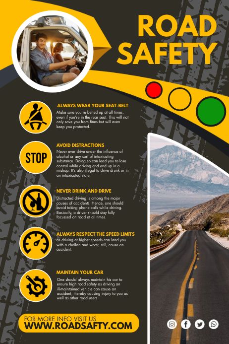 Road Safety Tips, Road Safety Poster, Advertising Campaign Design, Road Traffic Safety, Poster Sketch, Yellow Road, Safety Shorts, Safety Poster, Car Advertising Design