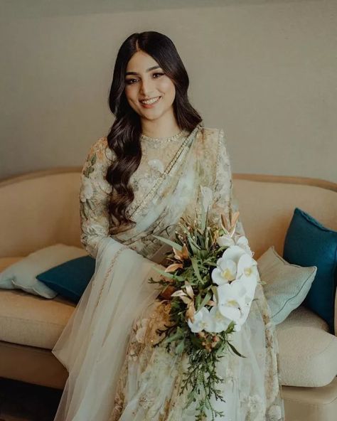 Christian Bride Ditches Gown And Stuns In A Floral Saree From Sabyasachi Mukherjee For White Wedding Christian Bridal Saree, Instagram Event, Christian Bride, Sabyasachi Mukherjee, Sabyasachi Bride, Simple Saree Designs, Floral Saree, Indian Bridal Fashion, Wedding Dress Pictures