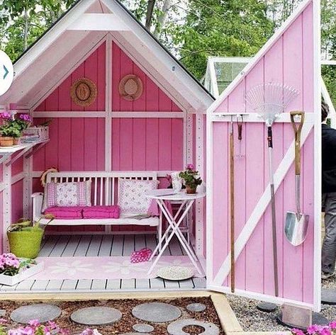 There's a new trend to help ladies everywhere shed the stresses of the everyday: meet the "She Shed." As a gardening shed and shady seating area, this bright-pink She Shed is perfect for somebody with a green thumb. Shed Inspiration, Shed Building Plans, Storage Shed Plans, Backyard Sheds, Backyard Shed, Potting Sheds, Pink House, She Sheds, Pink Garden