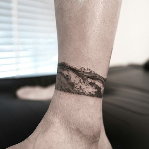 Waves Around Ankle Tattoo, Wave Band Tattoo Men, Cover Ankle Tattoo, Full Ankle Tattoo, Water Wrap Around Tattoo, Water Leg Tattoo, Ankle Tattoo Men Wrap Around, Wrap Around Tattoo Men, Ankle Tattoo Men Ideas