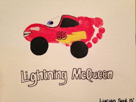 Lightning McQueen footprint art Footprint Art For Birthday, Monster Truck Footprint Art, Lightning Mcqueen Craft, Red Footprint Art, Lightning Mcqueen Crafts, Car Footprint Art, Disney Handprint Art, Disney Footprint Art, Lightning Mcqueen Room