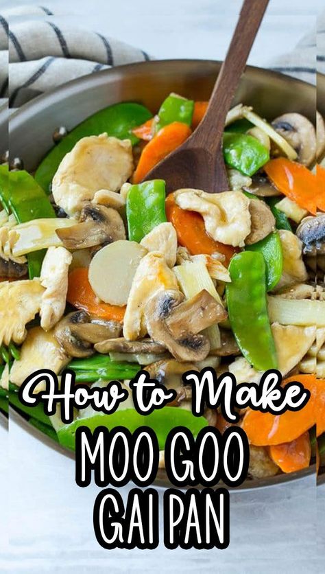 This recipe for moo goo gai pan is a classic dish of chicken and vegetables stir fried with a savory sauce. Chicken Moo Goo Gai Pan, Easy Moo Goo Gai Pan Recipe, Vegan Moo Goo Gai Pan Recipe, Moo Goo Chicken, Chicken Goop Recipe, Moogoogaipan Sauce, Moo Goo Gai Pan Recipe Chinese Food, Mooshoo Chicken, Moo Goo Guy Pan Recipe