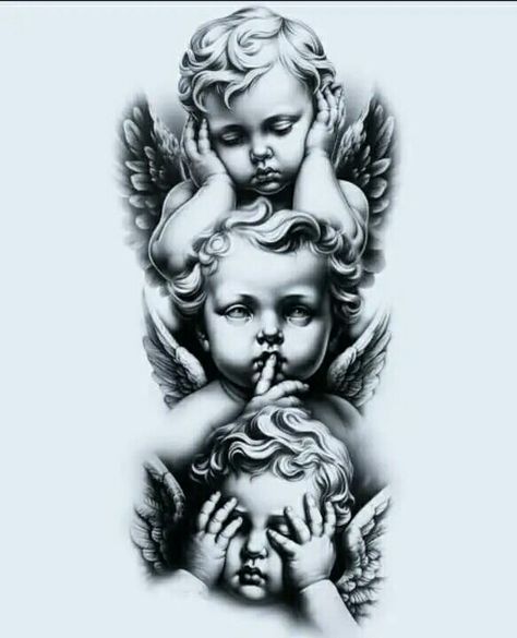 White Angel Tattoo, Guardian Angel Tattoo Designs For Men, Hear No Evil Speak No Evil See No Evil, Chest Tattoo Design For Men, Tattoo Stencils Outline Design, Cherubim Angels Tattoo, Dark Lettering Tattoo, Cherub Angel Tattoo, Eagle Chest Tattoo