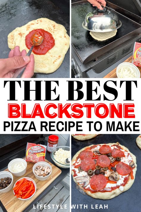 How to Make Delicious Pizza on the Blackstone Griddle - Lifestyle with Leah Blackstone Naan Pizza, Blackstone Pizza Dough Recipe, Blacktop Grill Ideas, Camping Pizza Recipes, Blackstone Griddle Pizza, Blacktop Recipes, Blackstone Griddle Recipes Dinners Low Carb, Blackstone Pizza Recipes, Black Stone Pizza