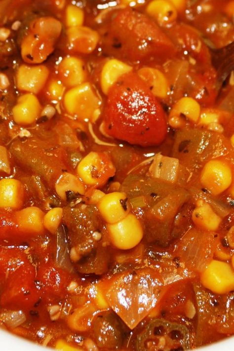 Stewed Okra, Tomatoes & Corn Okra Sausage And Tomatoes, Okra And Corn Recipes, Orka And Tomatoes Corn, Okra Corn And Tomatoes Recipe, Okra Tomatoes Corn, Stewed Okra, Okra Soup, Okra Stew, Okra And Tomatoes