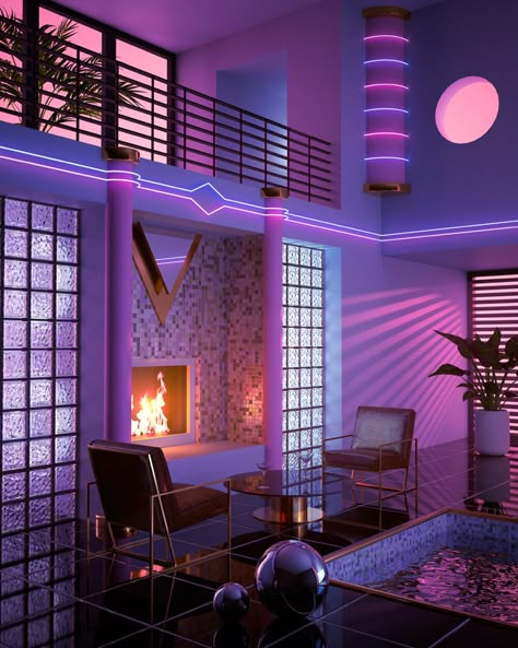 Vaporwave Room, 80s Interior, New Retro Wave, Vaporwave Aesthetic, Neon Aesthetic, Retro Waves, Waiting Rooms, Classic Decor, Interior Trend