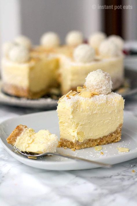 Instant Pot Raffaello Cheesecake #cheesecake #instantpot #raffaello #whitechocolate #cheesecakerecipe | Instant Pot Eats Raffaello Cheesecake, Instant Pot Cheesecake, Savory Cakes, Almond Flavor, Chocolate Coconut, Savoury Cake, Cake Tins, Almond Recipes, Clean Eating Snacks