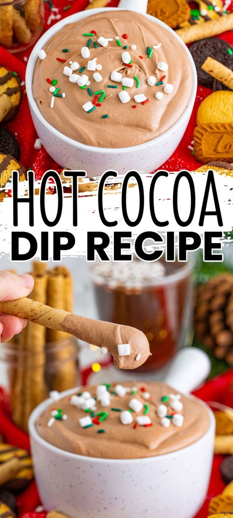 Hot Cocoa Dip is a quick and jolly creamy, marshmallow, and chocolaty no-bake treat to serve with all of your favorite cookies and sweets! #BreadBoozeBacon #hotchocolate #hotcocoa #dip #coolwhip #creamcheese #marshmallowfluff #hotcocoamix #hotchocolatemix #chocolate #partyfood #christmas #newyearseve Hot Cocoa Dip With Marshmallow Fluff, Hot Cocoa Cheesecake Dip, Hot Coco Dip, Hot Cocoa Dip Recipe, Hot Cocoa Dip, Hot Chocolate Dip, Cocoa Dip, Winter Snacks, Christmas Dip