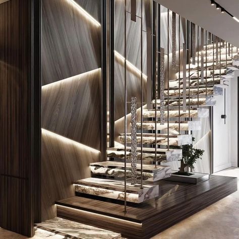 Elevate your home with stunning staircase design ideas! 😍❤️ . . . . . . . . . . #staircasedesign #homestairs #staircaselighting #stair #staircase #homeinterior #kreatecube #homeremodel #decoration #livingspace #trendingideas #ideas Luxury Staircase Modern Stairways, Staircase Aesthetic, Staircase Accent Wall, Grand Stairs, Stairs Lights, Modern Mansion Interior, Taraji Henson, Modern Staircase Design, Luxury Stairs