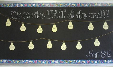 Light of the world Light The World Bulletin Board, Light Of The World Bulletin Board, Be The Light School Theme, Be The Light Bulletin Board Ideas, God Made Light And Dark Craft, God Made Light Activities, Camping Vbs, Orange Curriculum, Kids Night Out