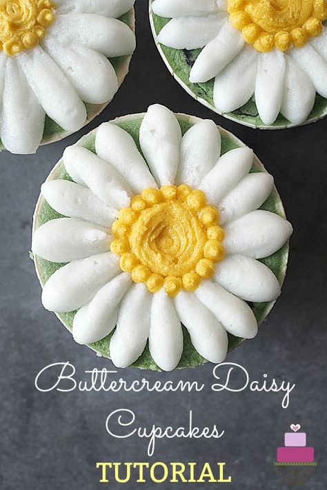 How to Make Buttercream Daisy Cupcakes How To Make Daisy Cupcakes, Daisy Shaped Cake, Diy Daisy Cupcakes, Daisy Buttercream Flowers, How To Make Daisy Flowers For Cakes, Icing Daisy Flower, Buttercream Daisy Tutorial, Daisy Pull Apart Cupcakes, Piping Daisy Flowers