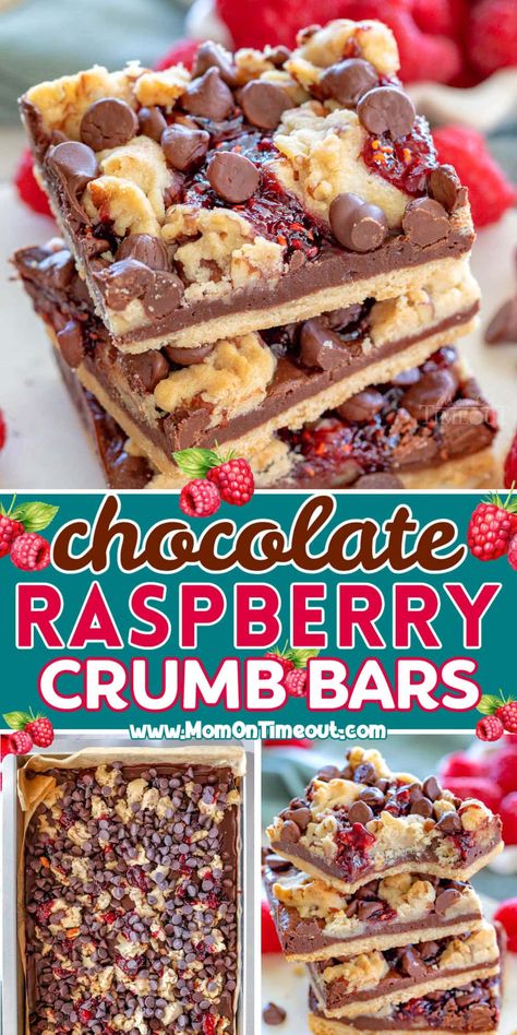 Decadent Chocolate Raspberry Crumb Bars are so easy to make with layers of rich, luscious chocolate, tart raspberry preserves, a buttery crust and topped with a crunchy, nutty crumble. Perfect for satisfying your sweet cravings or impressing guests, these bars deliver a perfect balance of sweet, tart and irresistible flavors in every bite. | MomOnTimeout.com Chocolate Raspberry Bars Recipes, Desserts With Raspberries, Easy Raspberry Desserts, Rasberry Bars, Raspberry Dessert Bars, Chocolate Raspberry Dessert, Chocolate Raspberry Bars, Raspberry Desserts Easy, Fruit Bars Recipe