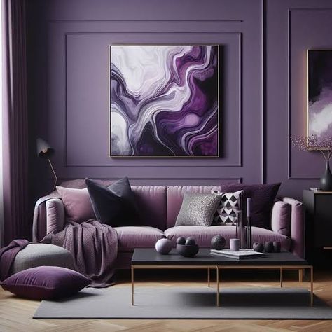 Purple Sitting Room, Purple Pillows Living Room, Purple Living Room Decor, Dark Purple Living Room, Living Room Purple, Purple Accent Wall, Sitting Room Furniture, Purple Living Room Ideas, Purple Interior Design