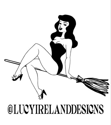 Pin up witch on broom tattoo design Small Pinup Tattoo, Witch On Broomstick Tattoo, Pin Up Witch Tattoo, Witch On Broom Tattoo, Broom Tattoo, Pinup Witch Tattoo, Witch Pin Up Tattoo, Witch Pinup Tattoo, Halloween Pinup Tattoo Flash