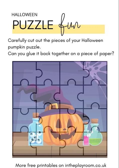 Halloween Printable Puzzle Craft - In The Playroom Paper Puzzles Free Printable, Halloween Puzzles For Kids, Halloween Puzzles Printables, Cute Halloween Pictures, Halloween Papercraft, Mess Free Craft, Pumpkin Sculpture, Halloween Jigsaw Puzzles, Halloween Party Craft