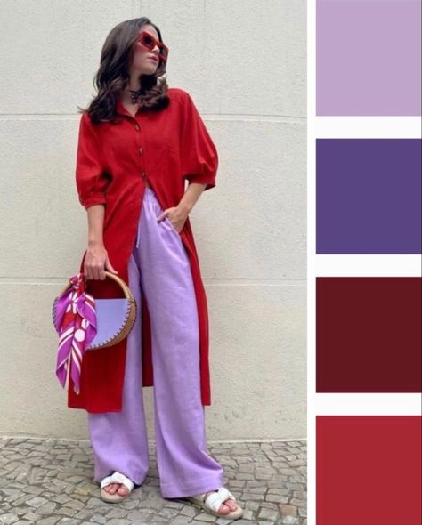 Unusual Color Combinations Outfit, Color Coded Outfits, Red Color Combinations Outfits, Light Spring Outfits, Lavender Outfit, Red Color Combinations, Perfect Color Combinations, Colour Blocking Fashion, Red Outfits