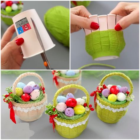 DIY Easter basket from paper cup & yarn 🐇🥚 | basket, Easter basket, yarn | DIY Easter basket from paper cup & yarn 🐇🥚 | By MetDaan Tips Easter Basket Diy Handmade, Paper Cup Basket, Yarn Easter Basket, Boho Basket Decor, Bathroom Storage Baskets, Basket Upcycle, Brownies Activities, Paper Easter Basket, Room Organization Hacks