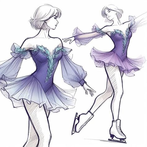 Ice Skating Aesthetic Drawing, Artistic Roller Skating Dress, Ice Skating Outfit Drawing, Figure Skating Dresses Drawing, Ice Skating Sketch, Ice Skater Drawing, Figure Skater Outfit, Ice Skating Drawing, Skating Drawing