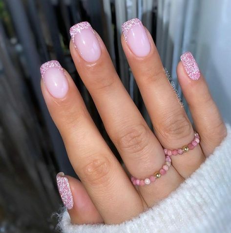 Pink Engagement Nails, Pink Nail Polish Colors, Pink Sparkly Nails, Pastel Pink Nails, Glitter Tip Nails, Pink Nail Colors, Glitter French Tips, Baby Pink Nails, Pink Glitter Nails