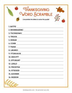 Thanksgiving Word Scramble Free Printable, Thanksgiving Puzzles, Thanksgiving Word Scramble, Brain Dump Template, Thanksgiving Puzzle, New Year Words, Unscramble Words, Printable Games For Kids, Thanksgiving Words