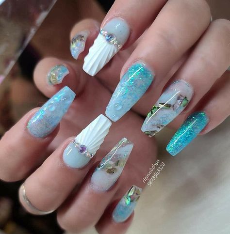 Ocean Inspired Nails, Ocean Blue Nails, Blue Prom Nails, Sea Nails, Shape Nails, Coffin Shape, Prom Looks, Ocean Inspired, Prom Nails