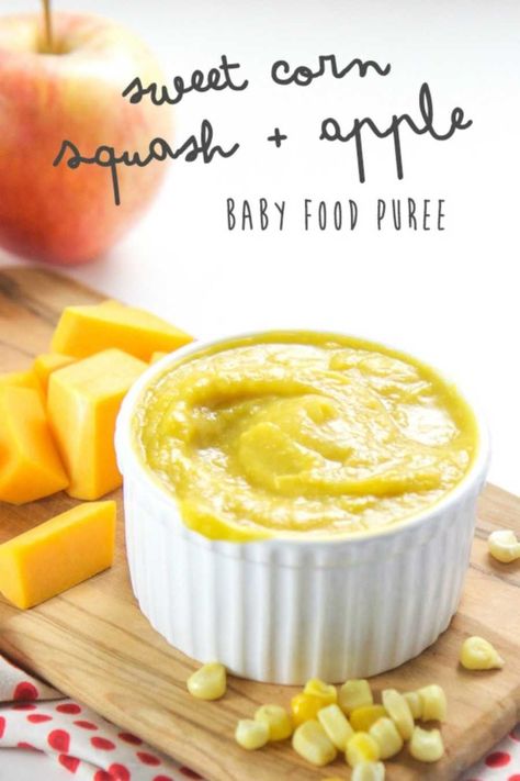 Corn: Mild squash works really well with corn too. Baby Food Puree Combinations, Lil James, Adventurous Recipes, Apple Baby Food, Baby Purees, Baby Food Puree, Puree Recipes, Baby Food Combinations, Toddler Foods