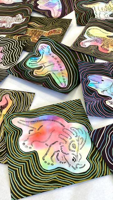 Contour Line Art Lesson, Dinosaurs Crafts, Element Of Line, Dinosaur Art Projects, Line Art Projects, Line Art Lesson, The Elements Of Art, Art Handouts, Contrast Art