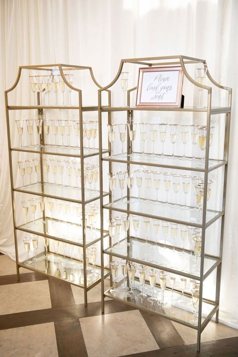 Gold Bookcase, Tuscan Style Villa, Gold Bookshelf, Ocean View Wedding, Modern Wedding Theme, Malibu Rocky Oaks, Acrylic Drink Stirrers, Champagne Wall, Gold Shelves