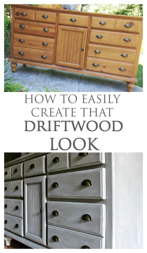 Weathered Furniture Diy, Gray Wash Dresser Diy, How To Gray Wash Furniture, Grey Washed Wood Furniture, Gray Washed Furniture, Gray Wash Dresser, Gray Wood Dresser, How To Grey Wash Wood, How To Gray Wash Wood