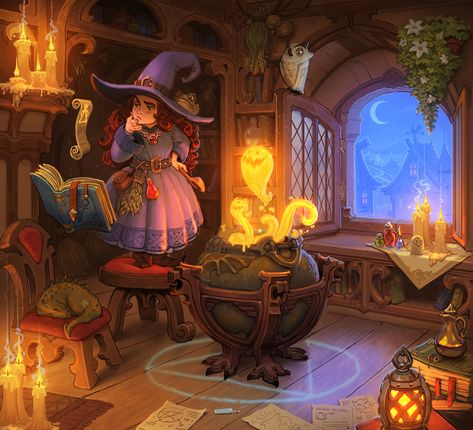 Magical Workshop Concept Art, Witch Lair Concept Art, Witch House Interior, Witch Concept Art, Witch Hut, Witch Room, Witch Characters, Witch Cottage, 동화 삽화