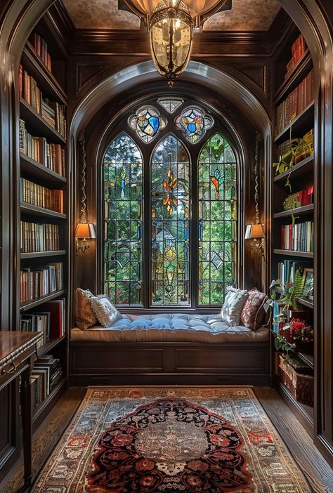 Books Home Library, House Filled With Books, Victorian Style Library Room, Dark Witchy Interior Design, Interior Design Library Home, Classical Architecture Interior, Victorian House Library, Luxury Desk Setup, Library With Stairs