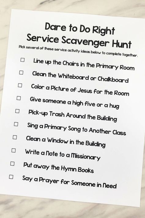 Dare to Do Right Service Scavenger Hunt fun singing time activity with simple service ideas that can be done in about 1 minute as an object lesson that matches the song lyrics! Printable song helps and lesson plan for LDS primary music leaders. Primary Activity Day Ideas, Service Scavenger Hunt, Activity Day Ideas, When I Am Baptized, Primary Activity, Book Of Mormon Stories, My Redeemer Lives, Primary Songs, Time Activity