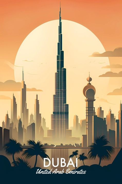 Dubai Illustration Art, Vector Travel Poster, Dubai Images, Dubai Illustration, Dubai Poster, Travel Graphic Design, City Postcard, Travel Poster Design, Vintage Poster Design