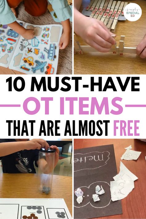 If you are in need of some cheap and almost free occupational therapy materials, I got you covered! Today, I’m sharing my favorite OT materials that is perfect for your special education classroom. These materials will help your students meet their IEP goals and practice fine motor development, grasping activities, bilateral coordination activities, sensory processing activities, life skills, and more! I have included classroom materials like masking tape, stickers, and much more! Sensory Processing Activities, Sensory Classroom, Special Education Lesson Plans, Coordination Activities, Occupational Therapy Activities, Fine Motor Activities For Kids, Life Skills Activities, Station Activities, Teaching Special Education