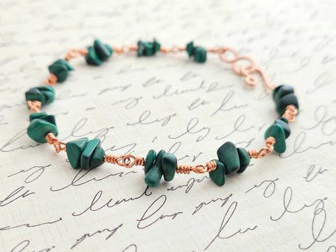 Malachite Gemstone Chip Bracelet - Green Stone Bracelet - Beaded Copper Wire Wrapped Bracelet - Colorful Stones - Green Gems Bracelet by craftotron5000 on Etsy Chip Bracelet, Stone Chip Bracelet Diy, Diy Gemstone Chip Jewelry, Gemstone Chip Bracelets, Crystal Chip Bracelet, Gem Chip Bracelet, Green Gem Bracelet, Gemstone Chips Jewelry, Gemstone Chips Bracelet