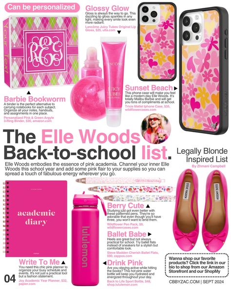 Calling all Legally Blonde fans. Are you still looking for school supplies? Here is the official Elle Woods back-to-school list 🎀💼 4/10 of our back-to-school list: TV & film 🏷️: #cbbyzac #magazinearticle #pinterest #fyp #backtoschool #pinkacademia #legallyblonde #ellewoods #pinterestaesthetic Back To School Vibe, Elle Woods Study Motivation, Legally Blonde Aesthetic, Academia Barbie, Girly Academia, Pink Magazine, Back To School List, Study Inspiration Quotes, Fall Gift Baskets