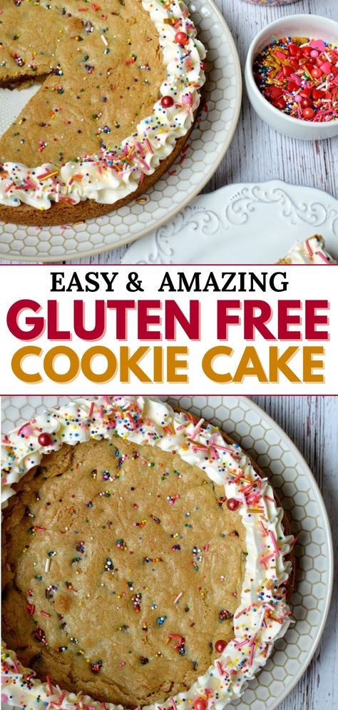 gluten free cookie cake with a buttercream border Cookie Cake Gluten Free, Gluten Free Celebration Cake, Gf Cookie Cake, Gluten Free Dairy Free Cookie Cake, Gluten Free Bday Cake, Vegan Gluten Free Cakes, Gluten Free Birthday Cake Ideas, Gluten Free Sheet Cake Recipes, Gluten And Dairy Free Cakes