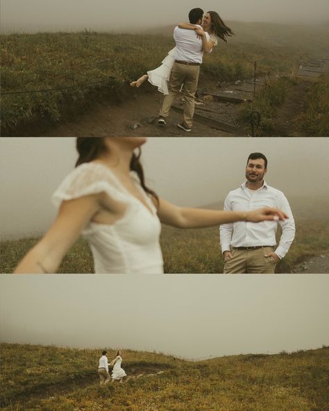 briann + tyler at rainier 🤍 got to experience the foggiest rainier morning back in september and i am obsessed!! i will never shy away from moodier weather, it may actually be my favorite. give me rain and clouds and fog!! as long as my couples are down, i think it makes for the most romantic shots 🥹 lots of moody foggy rainy cloudy shoots in the queue and comin soon ☁️🤍 moody weather season is upon us so if you wanna dance in the rain let me know ✨ link in my bio to book hehe #cinematicp... Windy Couple Photoshoot, Rainy Day Couple Photoshoot, Couple Under The Rain, Rain And Clouds, Rainy Photoshoot, Moody Weather, Dance In The Rain, Rainy Morning, Under The Rain