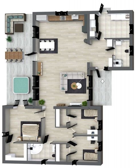 Dive into the layout of this 3-bedroom house plan by tapping, and find more floor plan inspiration in our Floor Plan Gallery. #roomsketcher #3bedroomhouse #houseplan #floorplan #3bedhouse Three Bedroom Apartment Floor Plans, Three Bedroom Apartment, Bedroom Floor Plan, 3 Bedroom Floor Plan, Apartment Floor Plans, Bedroom Floor, Bedroom Layouts, Open Plan Kitchen, Open Plan