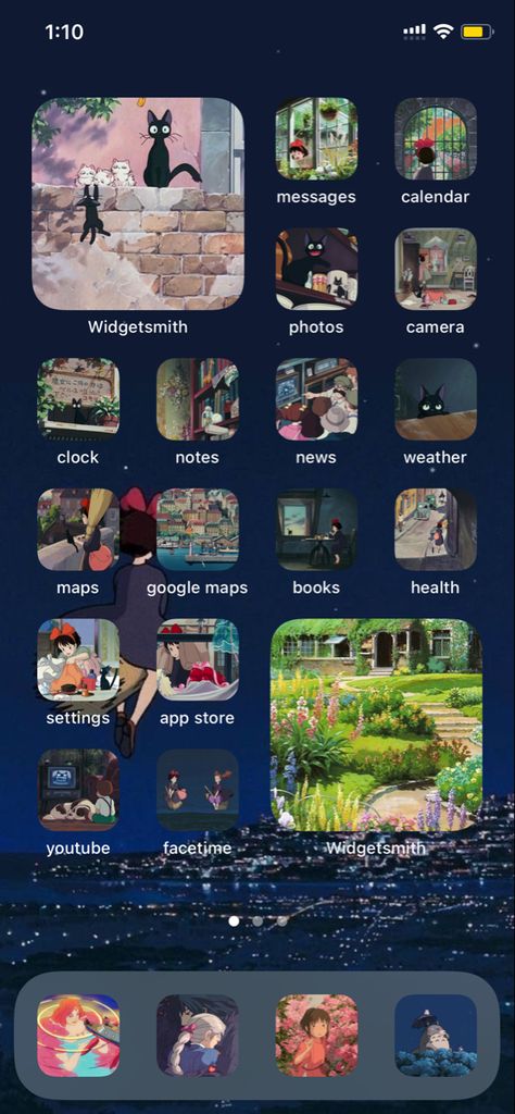 studio ghibli inspired phone layout using iphone shortcuts and widgetsmith! #phone #background #ideas #inspo #widget #design #homescreen #studio #ghibli #kikisdeliveryservice #jiji Studio Ghibli Widgetsmith, Studio Ghibli Iphone Theme, Studio Ghibli Homescreen Layout, Ghibli Homescreen Layout, Studio Ghibli Iphone Layout, Studio Ghibli Phone Layout, Widget Background Ideas, Iphone Shortcuts App Ideas, Phone Widgets Ideas