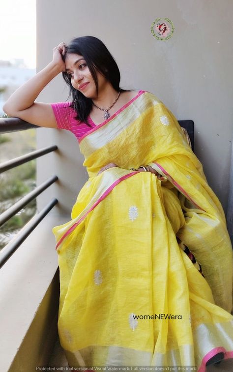 Beat the Heat with Linen Sarees Kalamkari Blouse, Cotton Saree Designs, Linen Sarees, Linen Saree, Saree Models, Trendy Sarees, Saree Trends, Elegant Saree, Stylish Sarees