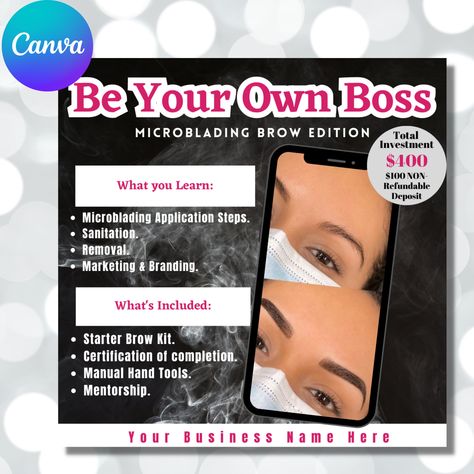 Excited to share the latest addition to my #etsy shop: Becoming a Brow Boss Class Flyer, Editable Canva Flyer template, Microblading Brow Class printable flyer or Instagram post https://etsy.me/3MkxQyt #black #gray #browboss #browartist #microbladingbrow #browtreading Brow Marketing, Canva Flyer, Brow Kit, Brow Artist, Publication Instagram, Marketing Branding, Be Your Own Boss, Brand Marketing, Instagram Post Template