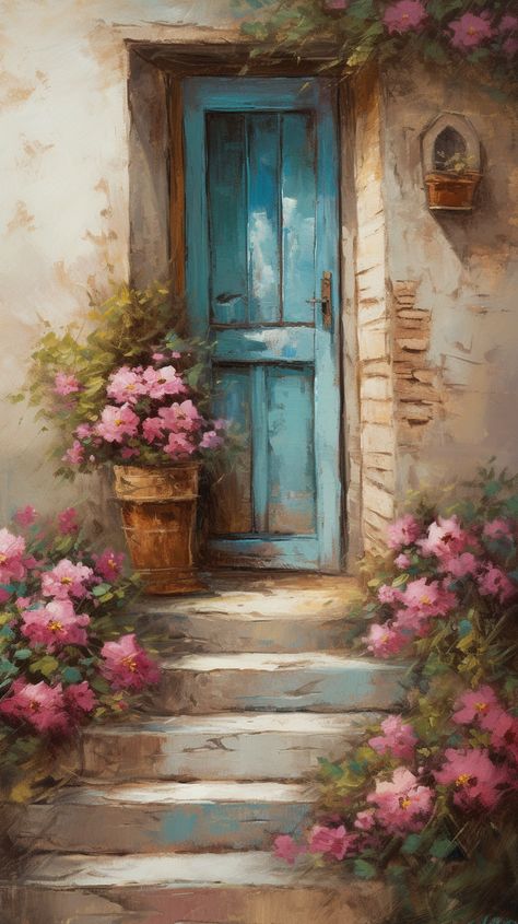 #artshow #artistic #arts #art #fantasyart #clipart #creativeart #pen #artoftheday #artwork #abstract #trendyart #artprint #vector #illustrator Door Canvas Art, Door Paintings On Canvas, Door Painting, Canvas Oil Painting, Roses Print, Pink Door, Artwork Abstract, Cottage Art, Textured Canvas