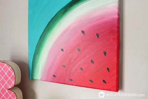 Watermelon canvas art featuring @Decoart_inc Americana Premium Paints | spotofteadesigns.com Painting Ideas On Canvas Acrylic, Americana Paint, Spongebob Painting, Easy Painting Ideas On Canvas, Easy Painting Ideas, Learn Watercolor, Tea Design, Rock Painting Ideas Easy, Painting Ideas On Canvas