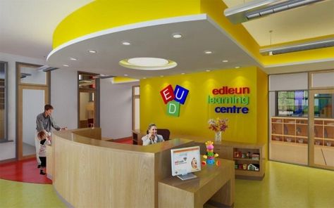 Preschool Front Desk Ideas, Daycare Reception Area Ideas, Pediatric Waiting Room Ideas, Daycare Floor Plans, Preschool Storage, Daycare Design Ideas, Children Hospital Design, Opening A Daycare, School Reception