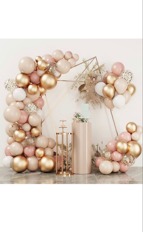 Silver And Rose Gold Birthday Decor, Gold And Rose Gold Balloons, Gold And Cream Birthday Party Decor, Cream And Gold Party Decorations, Rose Gold And Gold Wedding Theme, Rose Gold Pink And White Birthday Party, Anniversaire Rose Gold, Champagne Birthday Decor, Rose Gold Balloon Decorations