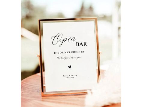 Check out our premade Wedding Open Bar Sign. Comes in a 8x10 and a 5x7. Our Open Bar Template can be used for many events providing drinks or an open bar area. Customize it to your preference. Template is editable through Canva. FEATURES - Wedding Sign - Canva Template - Intant Download  INCLUDED IN PURCHASE? - Open Bar Sign Template  WHAT SIZE? - 8x10  - 5x7 need a custom size? Message me WHAT CAN YOU EDIT? - Change font size and style - Change text - Change color - Move elements - Add or delet Wedding Open Bar, Bar Sign Wedding, Open Bar Sign, Open Bar, Bar Area, Toronto Wedding, Bar Sign, Wedding Bar, Change Text