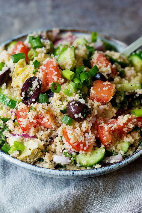 An easy couscous salad packed with Mediterranean flavors. This couscous salad recipe comes together in only 15 minutes and makes an amazing side dish. Lunch Ideas With Couscous, Summer Couscous Salad Recipes, Whole Foods Couscous Salad Recipe, Couscous Add Ins, Roast Vegetable Couscous Salad, Moroccan Chicken Recipe, Mediterranean Couscous Salad, Multicultural Recipes, Mediterranean Couscous