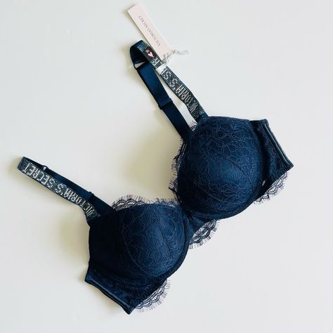 Vs Victorias Secret Navy Night Ocean Very Sexy Lace Shine Strap Bling Pushup Bra Size: 36c Brand New With Tag V Victoria Secret Bh, Night Ocean, Pushup Bra, Victoria Secrets, Hot Mess, Victoria Secret Bras, Push Up Bra, Bra Sizes, Christmas List